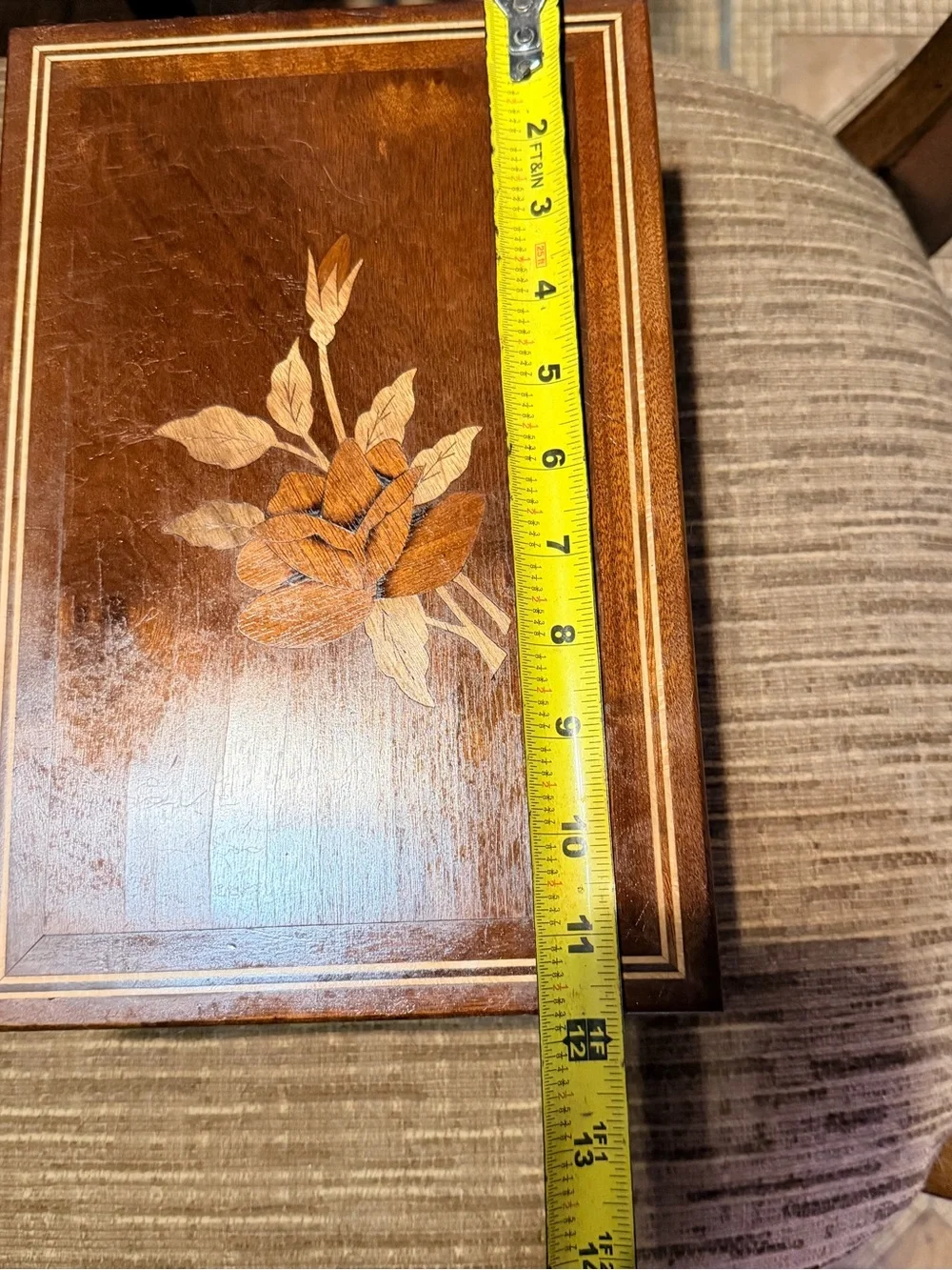 Vintage Brazilian Marquetry Jewelry Box Floral Wood Inlay Velvet Lined